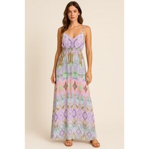 Charlie Jade Peacock Maxi Dress Size XS Tall Vacation Resortwear Pastel Artsy